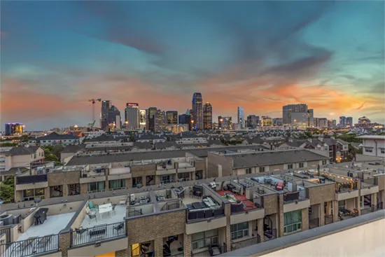 Dallas skyline captured with professional drone photography at twilight
